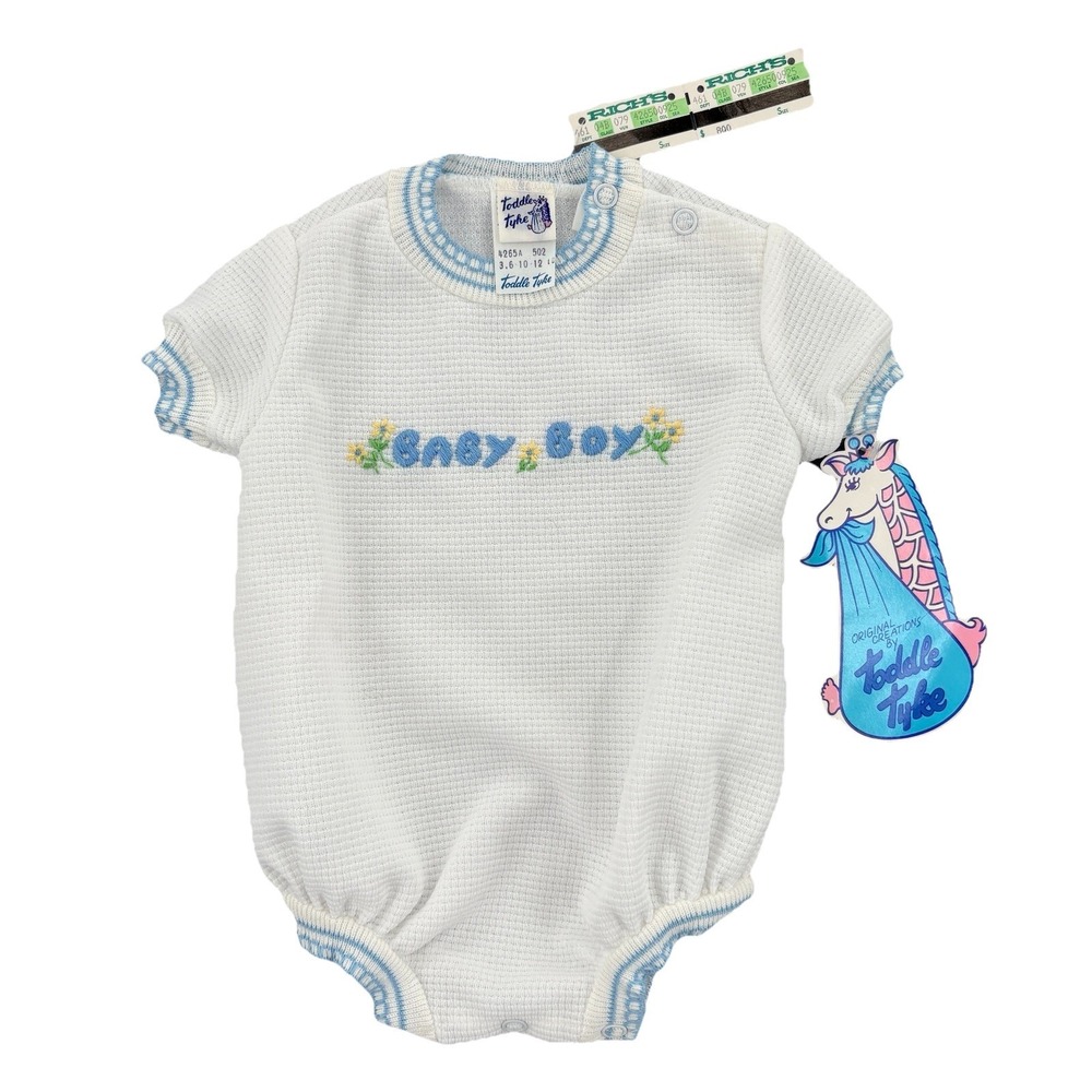 NWT Vintage Toddle Tyke Romper Baby Boy 3-12 lb Embroidered Waffle Knit USA Made